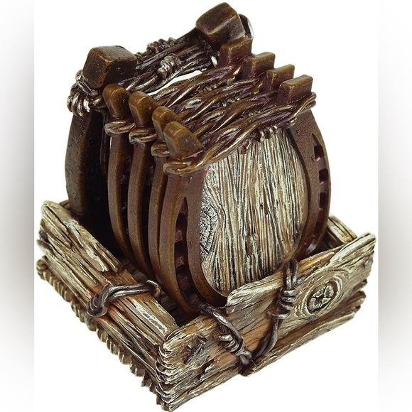Horseshoe Coaster Set with Holder Collectible Wood Look - Picture 1 of 12